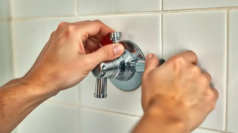 Mãos de uma pessoa fechando um registro de água cromado na parede de azulejos, um passo importante para tirar o ar do chuveiro.