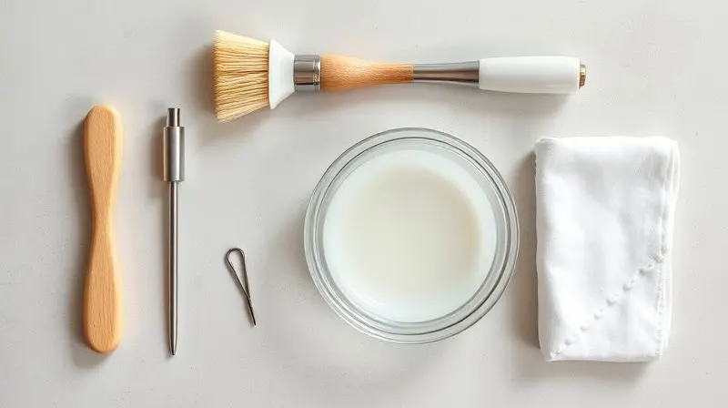 Ferramentas e materiais para limpeza de chuveiro, incluindo escova macia, agulha, vinagre branco e pano, organizados sobre uma superfície neutra.