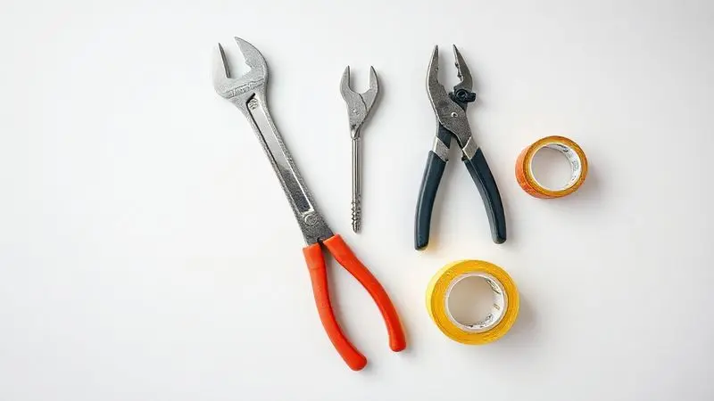 Ferramentas e materiais para instalação de chuveiro, como alicates, fita veda-rosca e chave de fenda, organizados sobre uma superfície limpa.