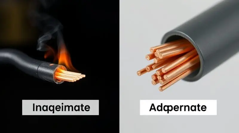 Comparativo de segurança entre uma fiação de chuveiro subdimensionada, fina e perigosa, e uma fiação adequada, grossa e segura.