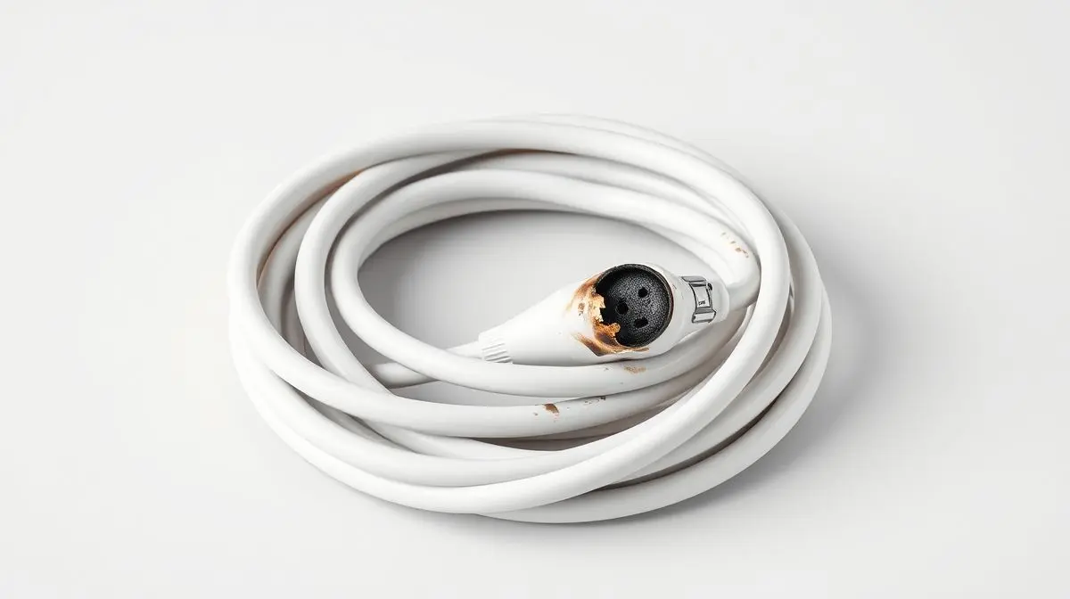 Fio de chuveiro branco derretido e queimado em um fundo neutro, ilustrando os perigos de superaquecimento e instalação elétrica incorreta.