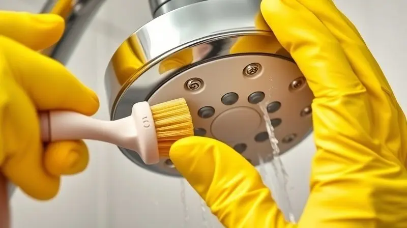 Close-up de mãos com luvas de borracha limpando os furos de um chuveiro com uma escova pequena, demonstrando o processo de remoção de calcário.