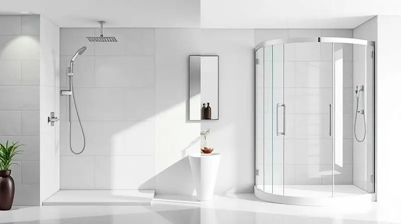 Comparativo visual entre uma hidromassagem vertical elegante e uma cabine de banho fechada, destacando as diferenças de design e espaço.