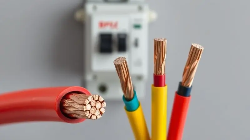 Close-up comparando cabos elétricos de diferentes espessuras ao lado de um disjuntor, destacando a importância da fiação correta.