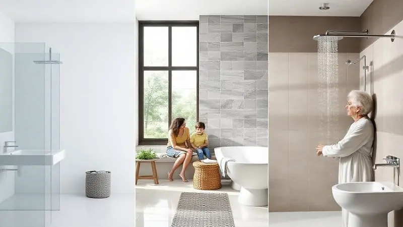 Mosaico de fotos mostrando diferentes tipos de banheiros, indicando para quem o chuveiro é ideal: famílias, idosos e apartamentos modernos.