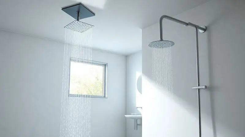 Banheiro moderno exibindo as duas opções de instalação: um chuveiro de teto estilo chuva e um chuveiro de parede, ajudando na escolha ideal.