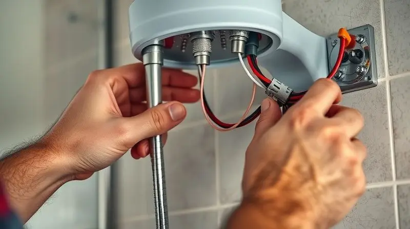Eletricista profissional realizando a instalação segura de um chuveiro elétrico, destacando a importância da potência e voltagem corretas.