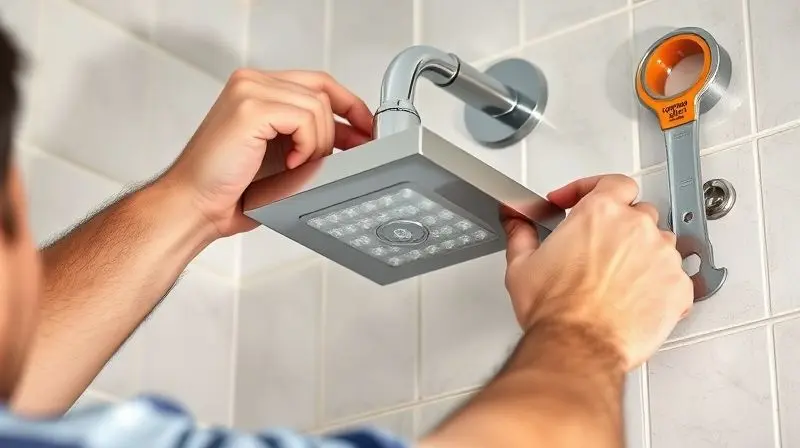 Mãos de um instalador profissional usando ferramentas para garantir a instalação correta e segura de uma ducha elétrica em uma parede de azulejos.