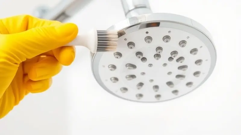 Pessoa com luva de borracha limpando os bicos de um espalhador de ducha com uma escova, demonstrando a manutenção para aumentar a vida útil.