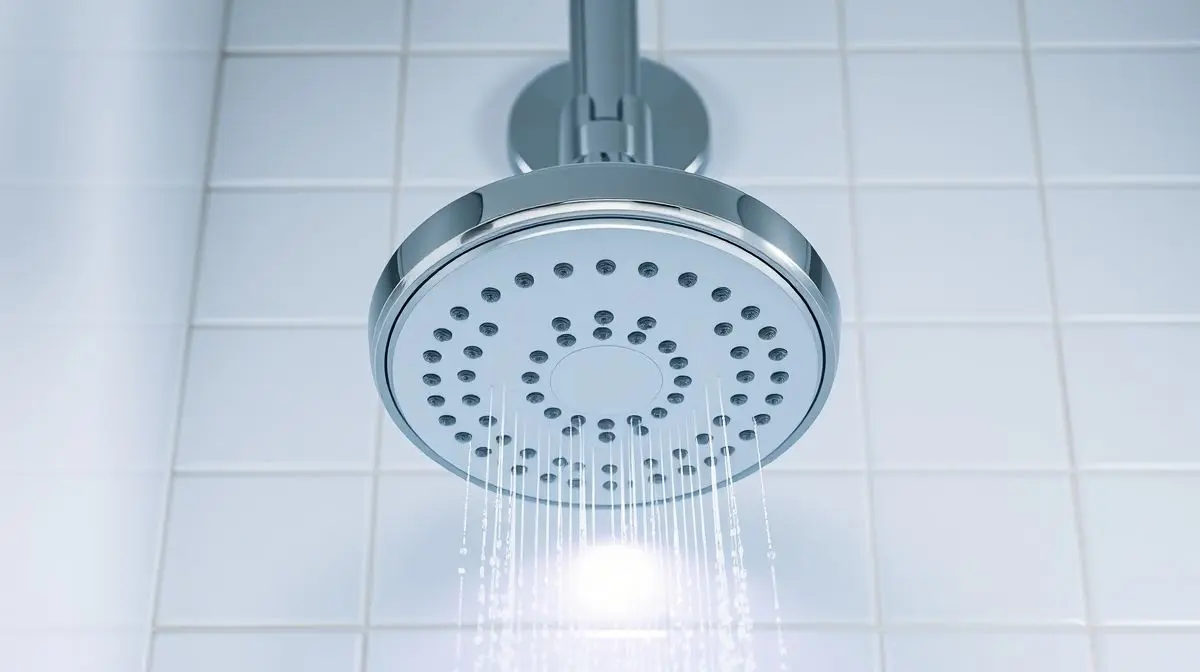 Uma luz acende ao ligar o chuveiro, indicando um possível problema elétrico como fio neutro interrompido. Um chuveiro elétrico é visto instalado em uma parede de azulejos.