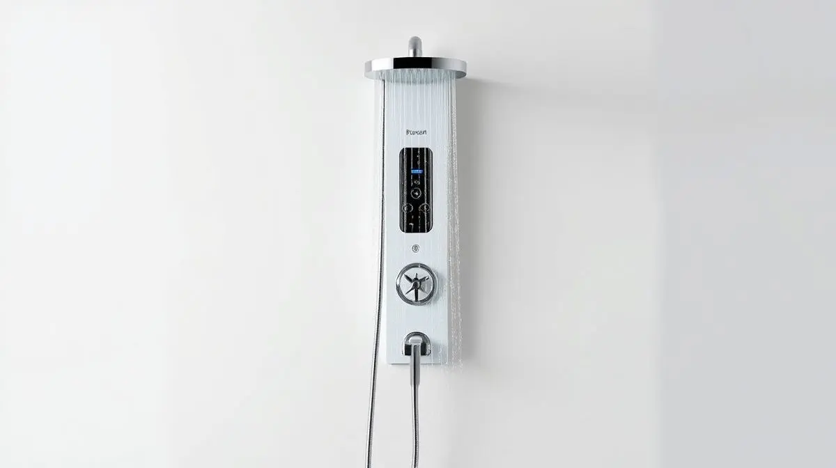 Um chuveiro elétrico moderno e branco, totalmente sem marca, centralizado em um fundo limpo de estúdio, destacando seu design para o banho perfeito.