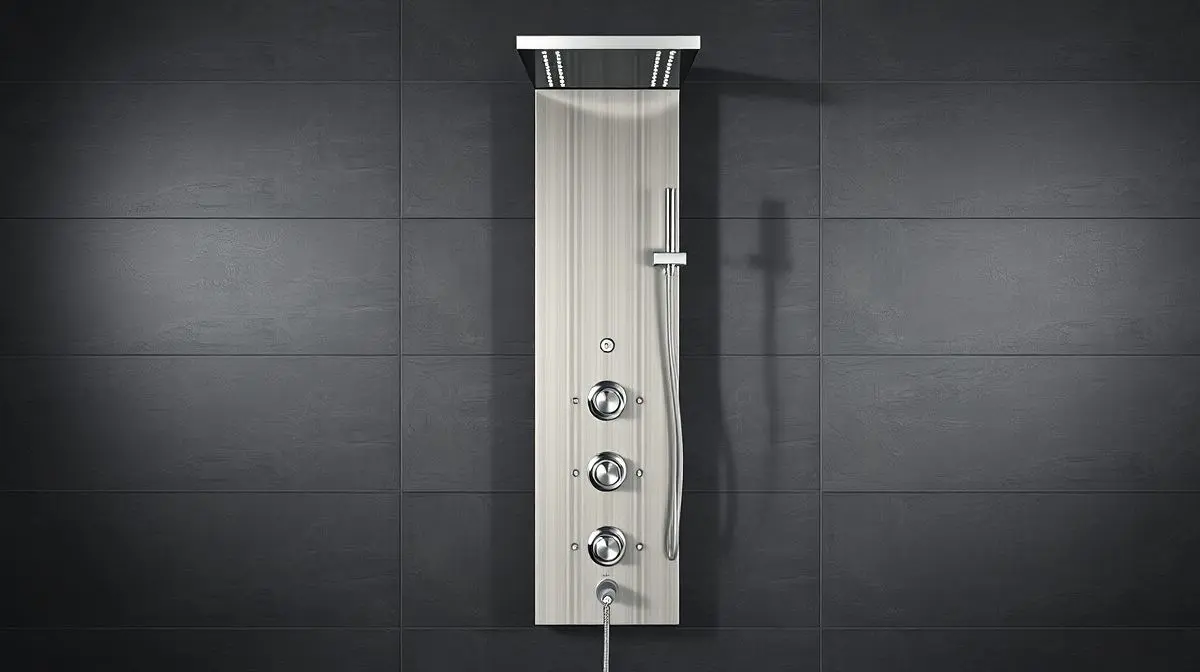 Coluna de hidromassagem vertical, de aço inox e sem marca, instalada em um banheiro moderno com parede de azulejos escuros e elegantes.