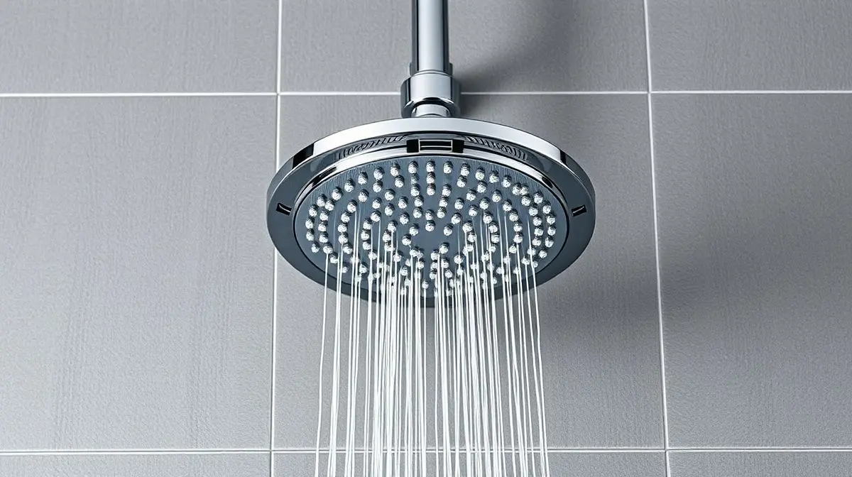 Um chuveiro elétrico moderno, cromado e sem marca, em destaque contra um fundo de banheiro elegante, representando a análise dos melhores modelos Corona.