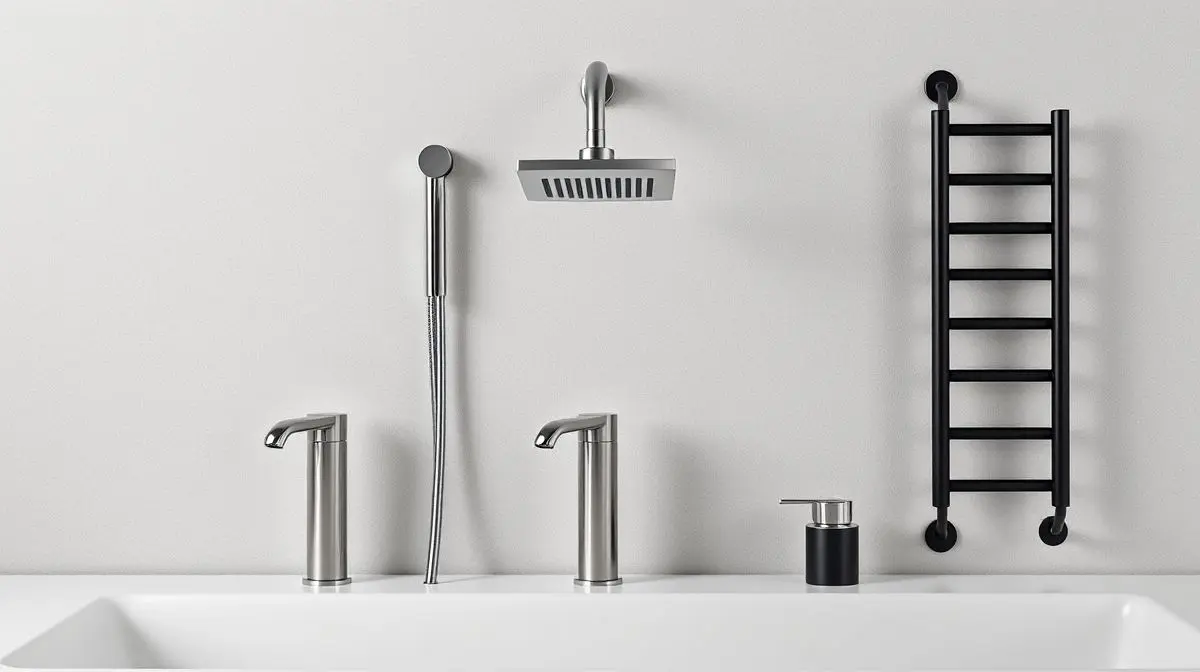 Coleção de metais e acessórios para banheiro e cozinha, exibindo design moderno e acabamentos de alta qualidade em um fundo neutro de estúdio.