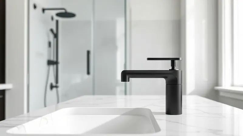 Banheiro moderno e minimalista com metais sanitários Perflex de design elegante, como torneira e chuveiro, em um ambiente bem iluminado.