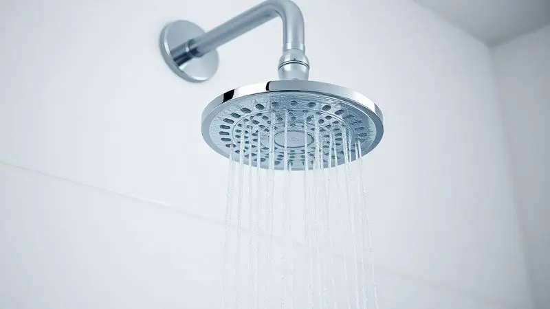 Instalação de uma ducha de metal em uma parede de banheiro, destacando a conexão com o sistema de aquecimento de água central.