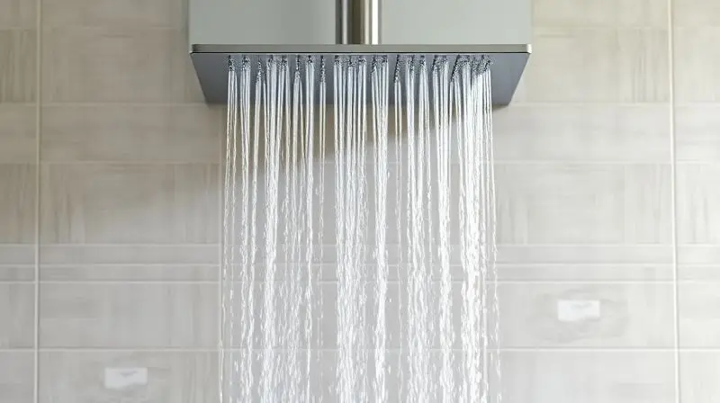 Detalhe do topo de uma ducha com hidromassagem, mostrando a saída de água da função cascata caindo em um fluxo largo e relaxante.