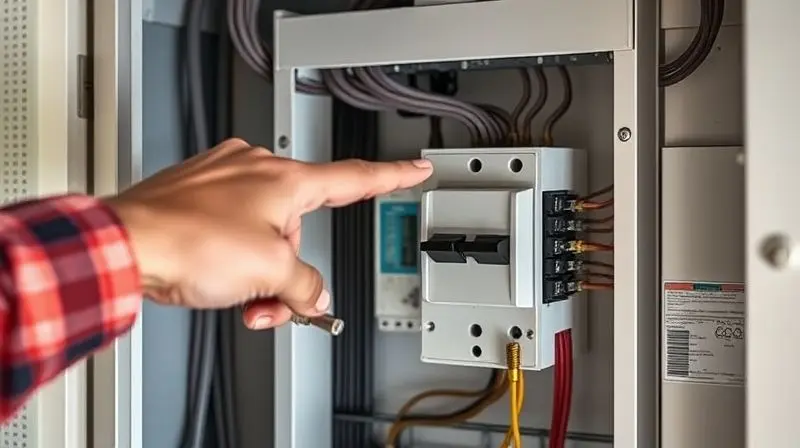 Mão de um eletricista apontando para um disjuntor em um painel elétrico, explicando o que é e para que serve o componente de segurança.