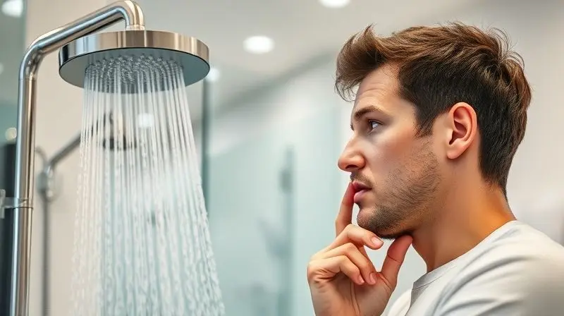 Consumidor pensativo em uma loja de banheiros, avaliando os detalhes de uma ducha moderna antes de tomar a decisão de compra.