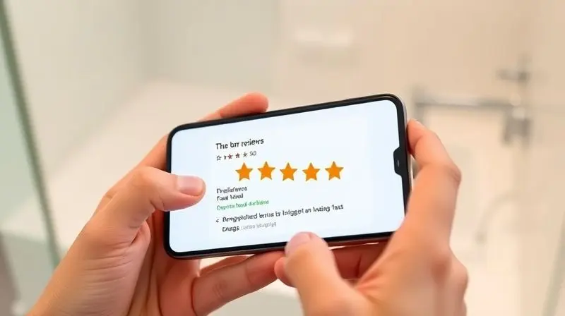 Mãos de um consumidor segurando um celular que mostra uma avaliação positiva de cinco estrelas, representando a opinião de clientes sobre um produto.