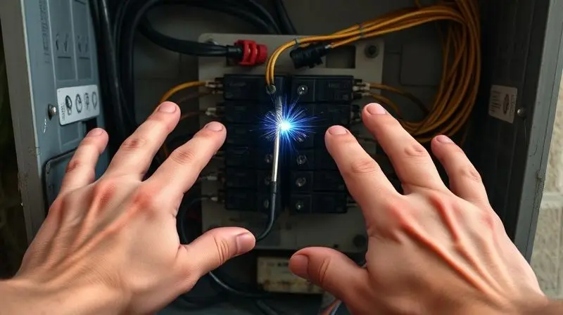 Uma pessoa olhando para um quadro de disjuntores aberto e complexo, mostrando o perigo de tentar consertar um problema elétrico por conta própria.