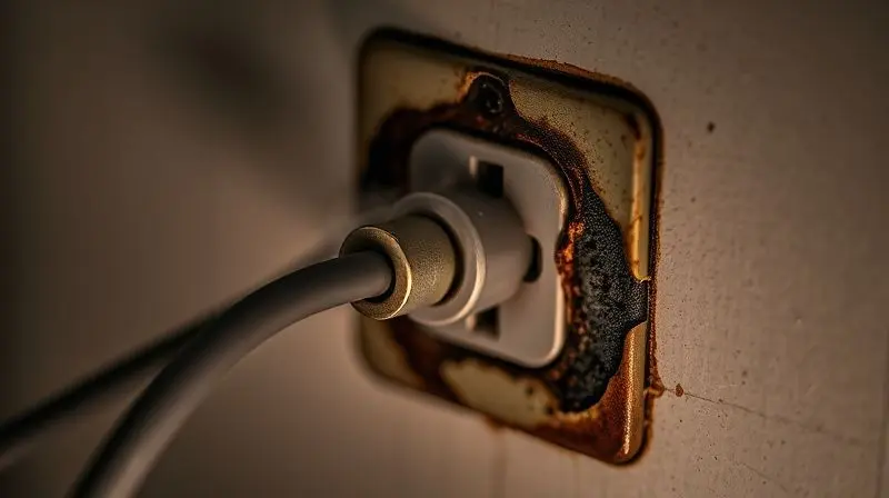 Tomada de energia de chuveiro queimada e com sinais de fumaça na parede, ilustrando os perigos de um curto-circuito e superaquecimento.