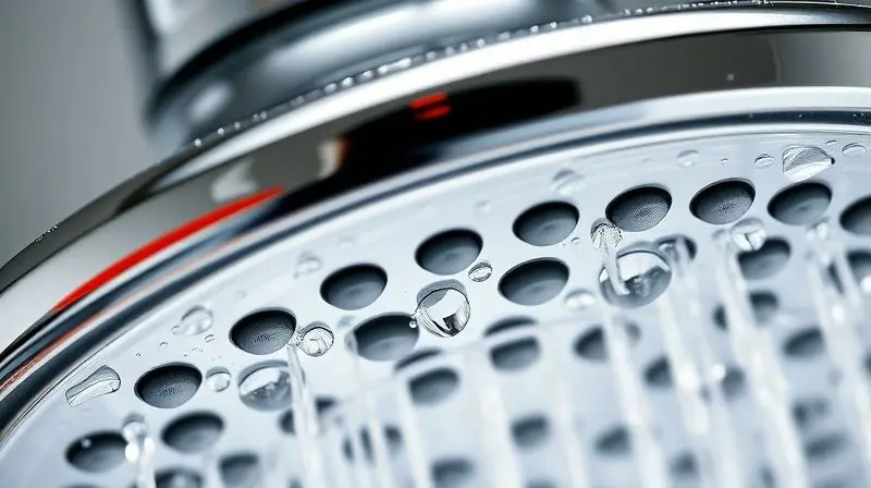 Close-up macro de gotas de água em uma ducha cromada de alta qualidade, representando a durabilidade e a confiança da marca Cardal.