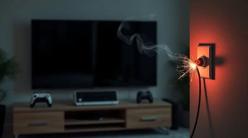 Um aparelho de televisão queimado e soltando fumaça de uma tomada, ilustrando o risco de queima de aparelhos por problemas elétricos.
