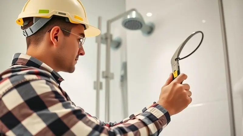 Eletricista profissional e equipado realizando a checagem da instalação elétrica de um chuveiro, enfatizando a importância da segurança.
