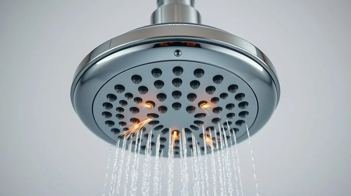 Instalação de chuveiro perigosa com fios expostos e faíscas elétricas saindo da parede, representando um risco iminente de choque elétrico.