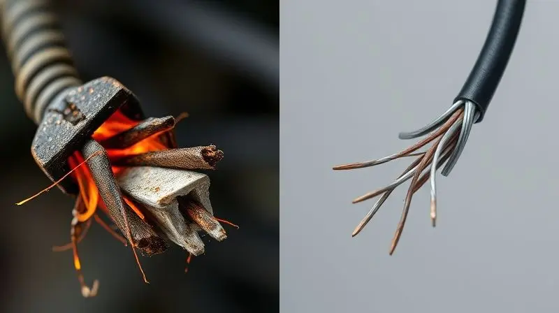 Comparação entre um fio elétrico antigo, queimado e danificado, e um fio novo, indicando a hora certa de trocar a fiação do chuveiro.