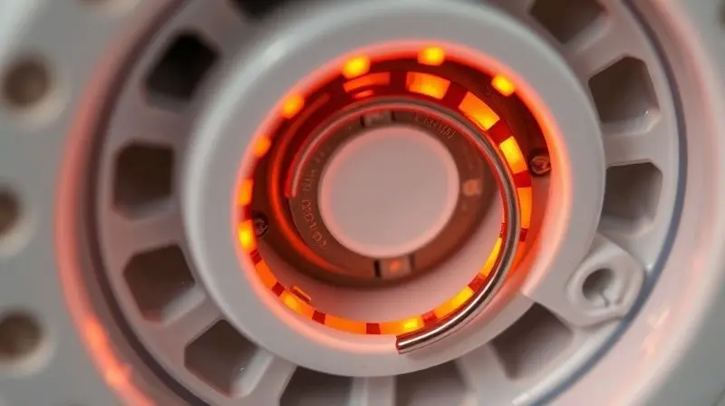 Fotografia macro da resistência de um chuveiro elétrico, destacando o componente de aquecimento interno em um ambiente técnico.