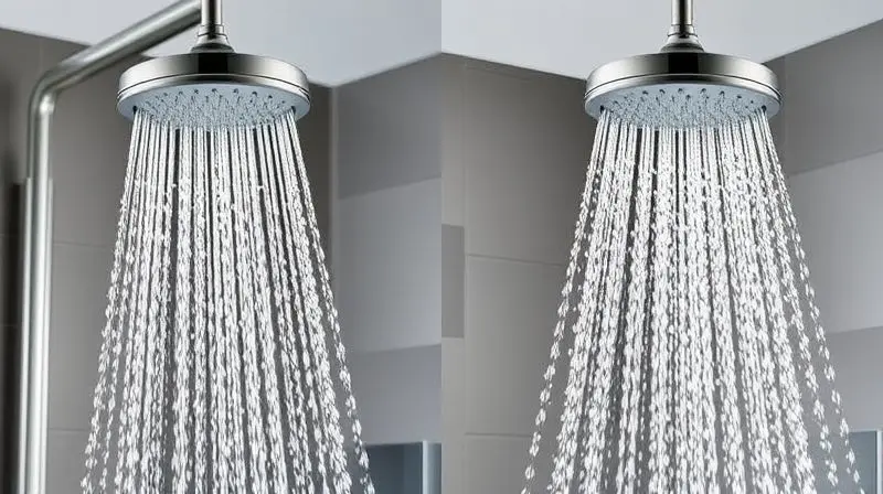 Comparativo visual dos tipos de jato de um chuveiro, mostrando um jato concentrado e um jato espalhado em formato de chuva.