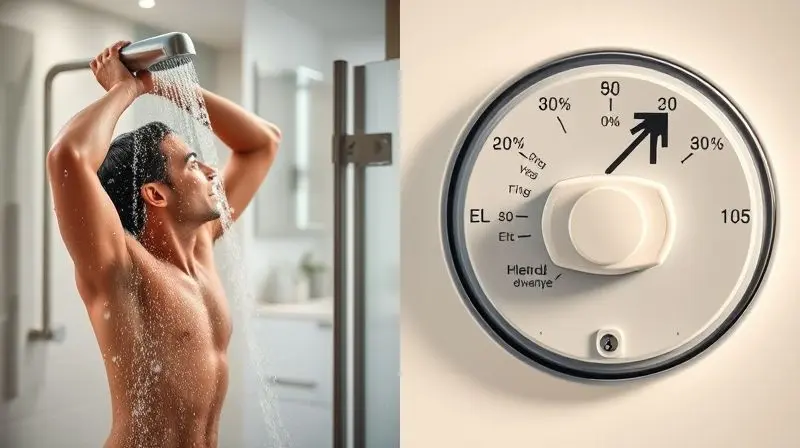 Uma imagem conceitual mostrando o conforto de um banho potente versus a consideração do consumo de energia, ilustrando as vantagens e desvantagens da ducha.