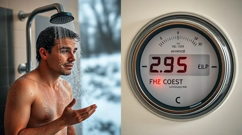 Imagem conceitual dividida mostrando o conforto de um banho quente de um lado e um medidor de eletricidade do outro, simbolizando vantagens e desvantagens.