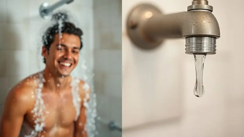 Imagem conceitual mostrando os prós e contras de um produto, com uma pessoa feliz no chuveiro de um lado e uma goteira do outro.