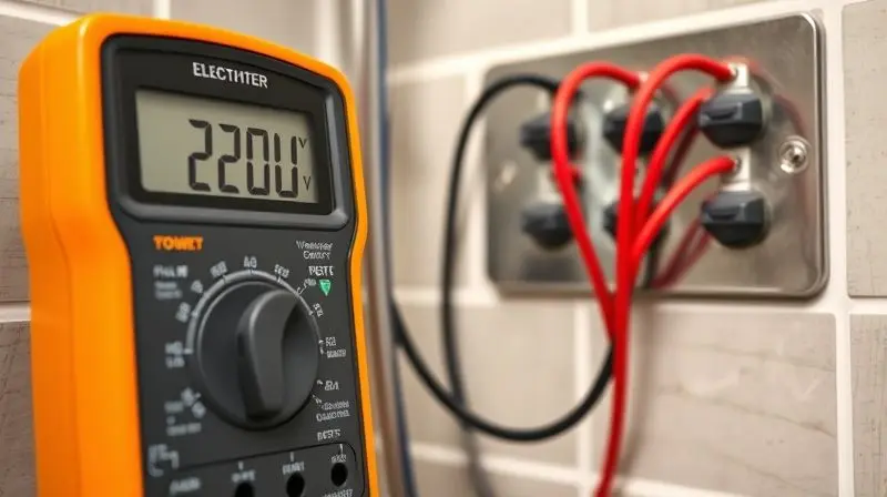 Multímetro medindo a tensão de 220V dos fios na parede do banheiro antes da instalação de um chuveiro para garantir a compatibilidade.